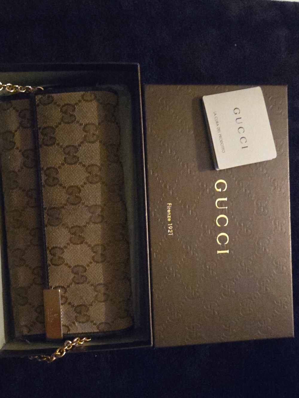 Gucci Beige/Brown GG Supreme Chain Shoulder Wallet with Gold Hardware